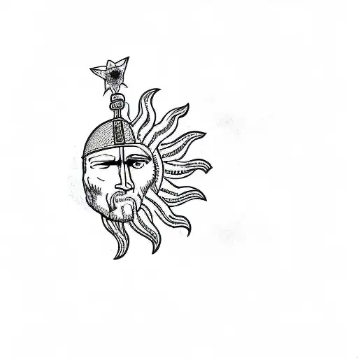 a sun from Uruguay flag and a roman soldier helmet tattoo design idea