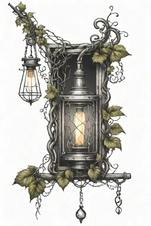 old rigid frame covered in vines Inside the frame should be chains and shackles, and in the top of the frame a lightbulb tattoo design idea