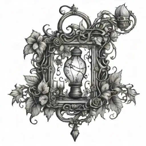 old rigid frame covered in vines Inside the frame should be chains and shackles, and in the top of the frame a lightbulb tattoo design idea