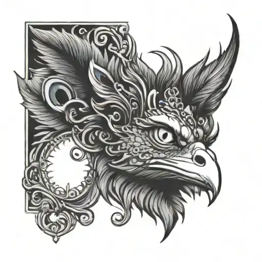 A forearm tattoo of a small devilish face wearing a peacock feather mocking and sticking its tongue out at an old frame tattoo design idea