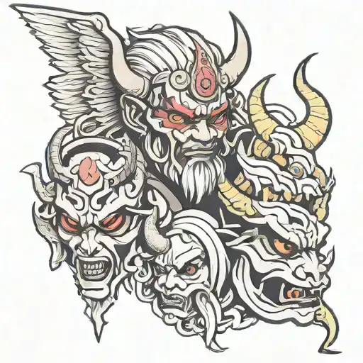 real image of angel and oni mask adorned tattoo design idea