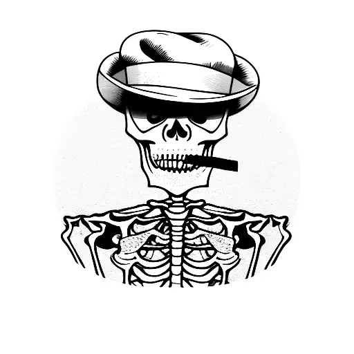 A realistic portrait of a cigar smoking skeleton man in a suit and stamp coat, with an English cap on his head and fire in his eyes tattoo design idea