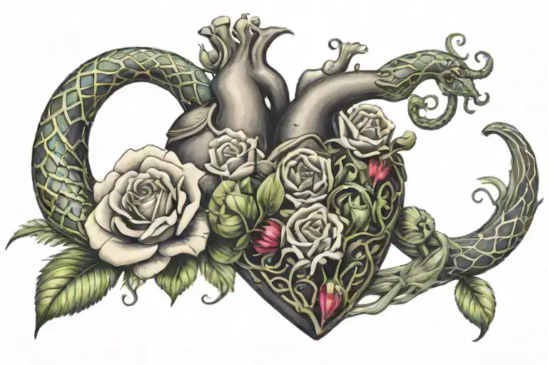 Heart shaped, Elizabeth, roses and snakes arround tattoo design idea