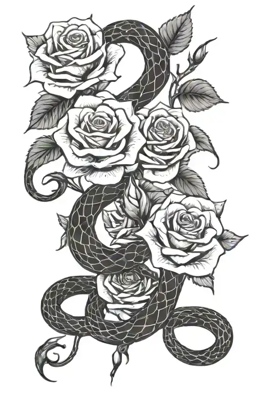 snake and roses intertwined tattoo design idea