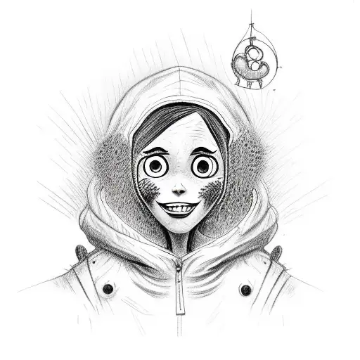 coraline wearing raincoat with horror theme tattoo design idea