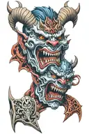 Oni mask split in half tattoo design idea
