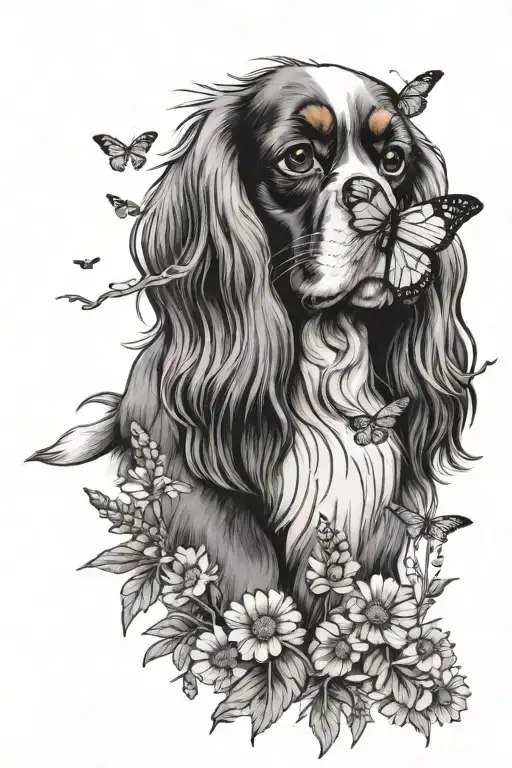 cavalier king charles spaniel in lavender and daisy with flying butterfly tattoo design idea