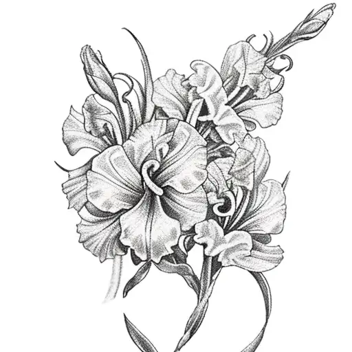 A vibrant bouquet of gladiolus, red carnation, and apple blossoms tattoo design idea