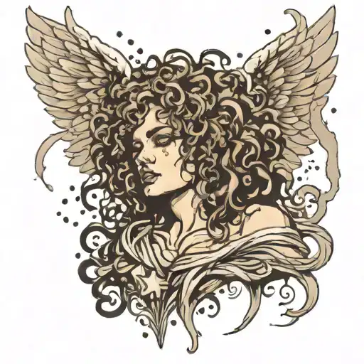 Evil Angel with curly hair surrounded by tears falling tattoo design idea