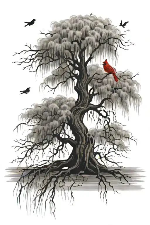 weeping willow tree with roots of family names and cardinals in branches for those who've passed tattoo design idea