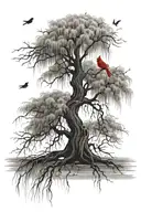 weeping willow tree with roots of family names and cardinals in branches for those who've passed tattoo design idea