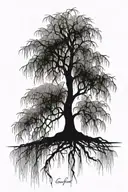 weeping willow tree with roots of family names and cardinals in branches for those who've passed tattoo design idea