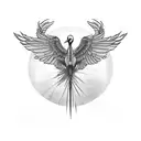 crane standing with wings spread with a red sun  tattoo design idea