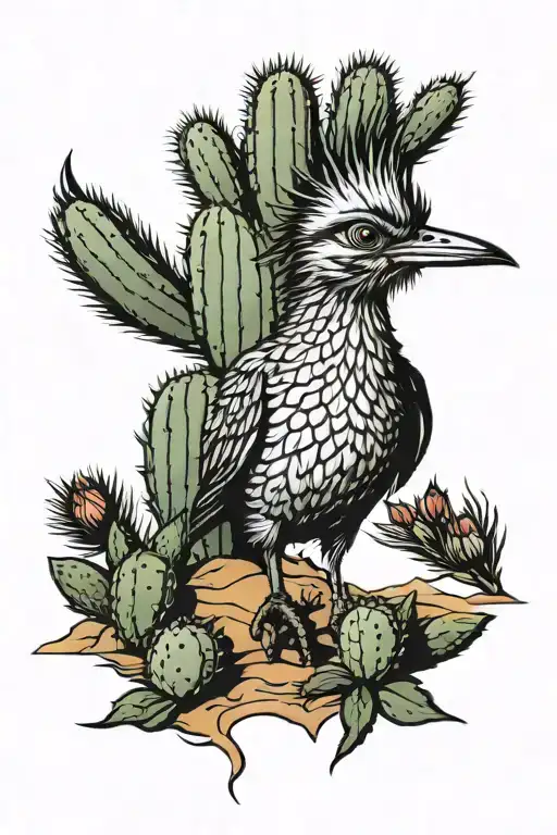 roadrunner desert landscape filled with cacti tattoo design idea