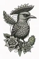 cactus and roadrunner bird perched tattoo design idea