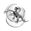 A dinosaur skeleton sitting on a crescent moon tattoo design idea