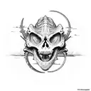 A dinosaur skeleton sitting on a crescent moon tattoo design idea