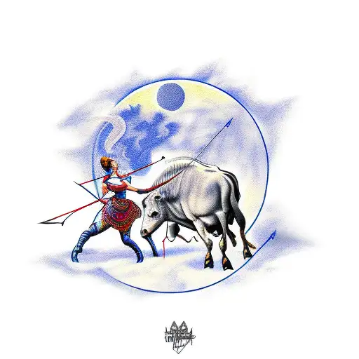 female archer riding a bull under full moon tattoo design idea