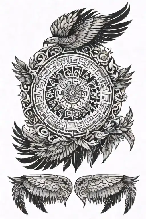 A celestial scene featuring the Mayan calendar surrounded by feathers and wings, incorporating the names Annabelle, Issac, and Alexander in blackwork style tattoo design idea