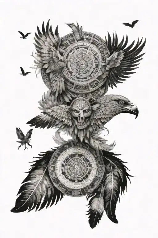 A celestial scene featuring the Mayan calendar surrounded by feathers and wings, incorporating the names Annabelle, Issac, and Alexander in blackwork style tattoo design idea