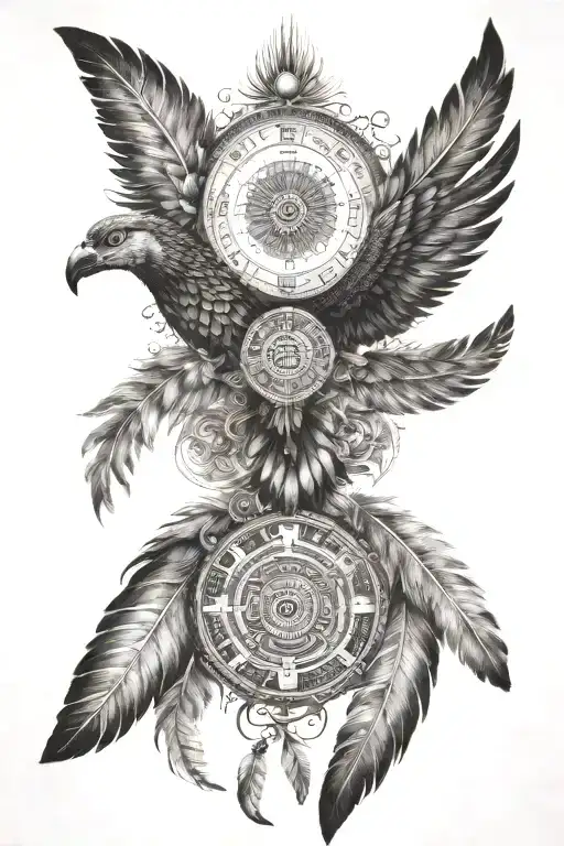 A celestial scene featuring the Mayan calendar surrounded by feathers and wings, incorporating the names Annabelle, Issac, and Alexander in blackwork style tattoo design idea
