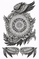 A celestial scene featuring the Mayan calendar surrounded by feathers and wings, incorporating the names Annabelle, Issac, and Alexander in blackwork style tattoo design idea