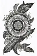 A celestial scene featuring the Mayan calendar surrounded by feathers and wings, incorporating the names Annabelle, Issac, and Alexander in blackwork style tattoo design idea