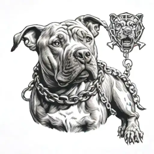 scary pitbull with spiked collar and chain link leash tattoo design idea