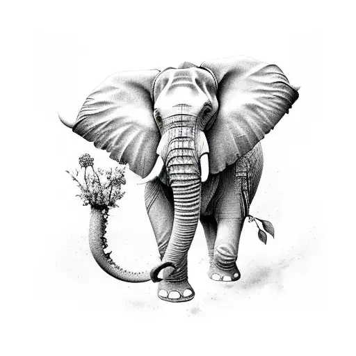 elephant transforming into a storm of flowers   tattoo design idea