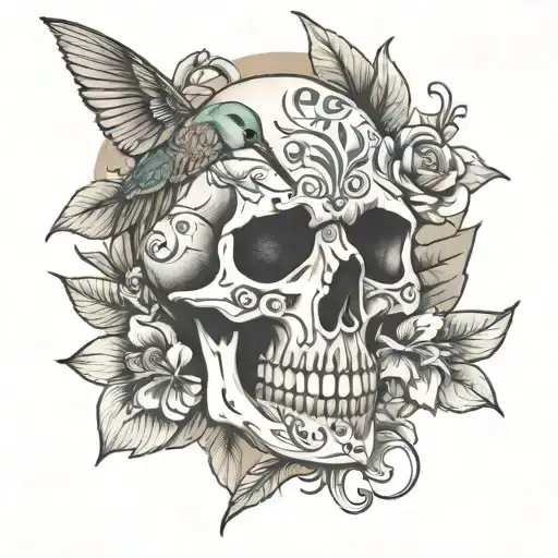 floral skull with hummingbird tattoo design idea