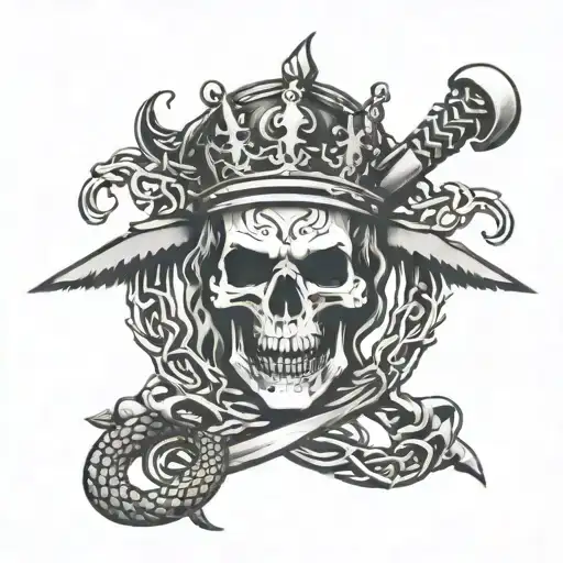 Arc angel sword piercing snake head with crown of thorns around hilt tattoo design idea