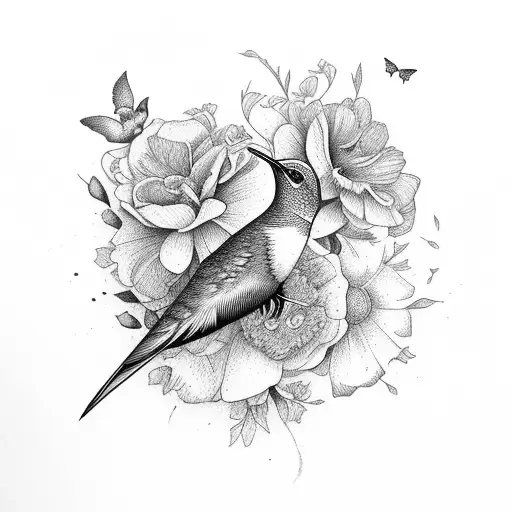 flowers mountain humming bird tattoo design idea