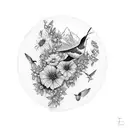 flowers mountain humming bird tattoo design idea