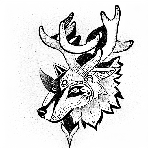 Mayan fox with antlers tattoo design idea