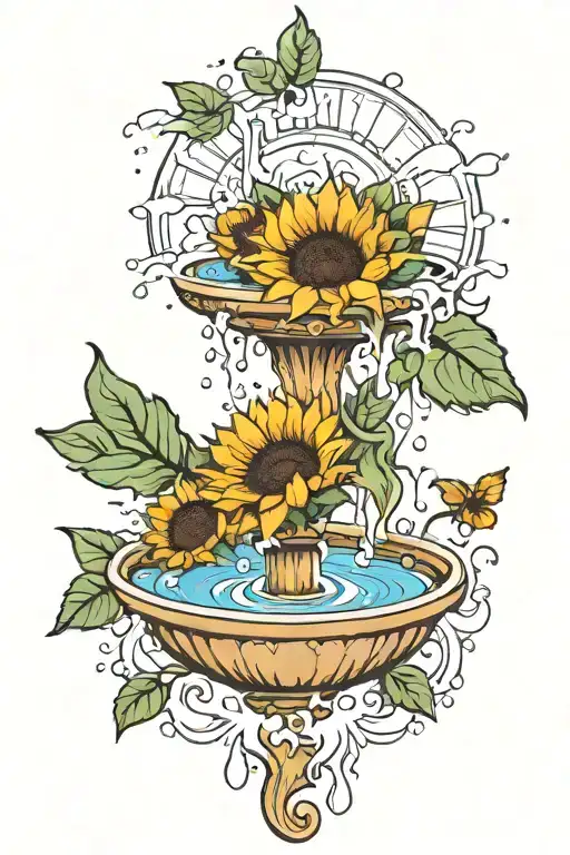 fountain blooming into sunflowers. color only on sunflower and color on water tattoo design idea