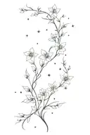 A delicate, vertical design running along the spine, featuring an intertwining vine of flowers and a scattering of stars tattoo design idea