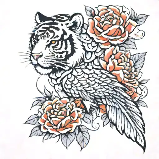 fish scales with tomato flower bouquet and japanese tiger and wing feathers tattoo design idea