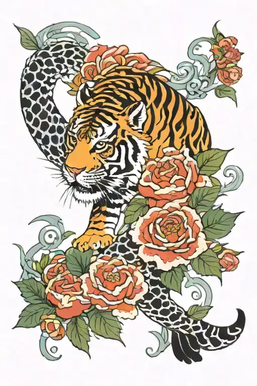 fish scales, tomato flower bouquet, japanese tiger crawling downwards with tail extended upwards, wing feathers tattoo design idea