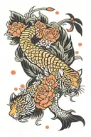 fish scales, tomato flower bouquet, japanese tiger crawling downwards with tail extended upwards, wing feathers tattoo design idea