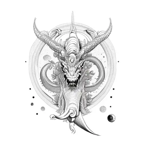 Long dragon with roses with taurus horn in space tattoo design idea