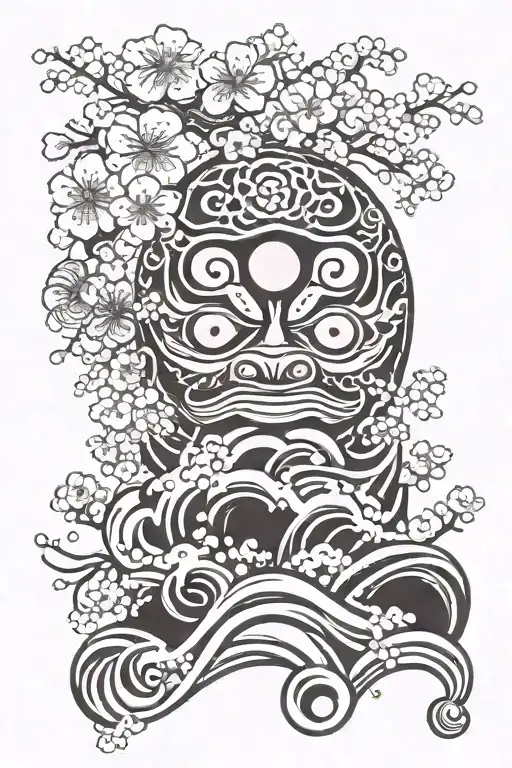daruma with wave and cherry blossom and japanese signs tattoo design idea