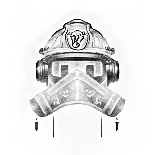 A tattoo of a black-grey image of a firefighter's helmet with Boaz's name written in elegant script beneath it, surrounded by tiny handprints tattoo design idea