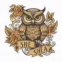 owl with the name SHEA inside it tattoo design idea