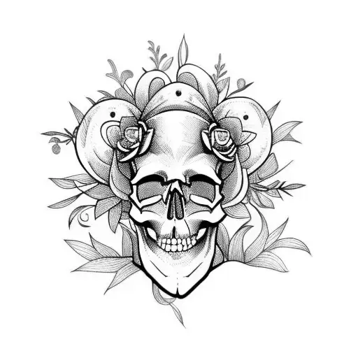 skull with flowers and mushrooms coming out of the inside tattoo design idea