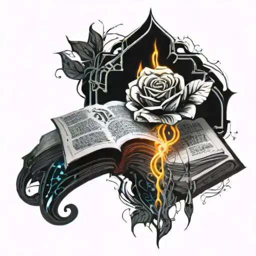an open book growing a rose tattoo design idea