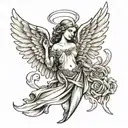 Here is a tattoo idea that meets your requirements: 1. **Angel on the left shoulder blade**: A majestic angel with outstretched wings. tattoo design idea