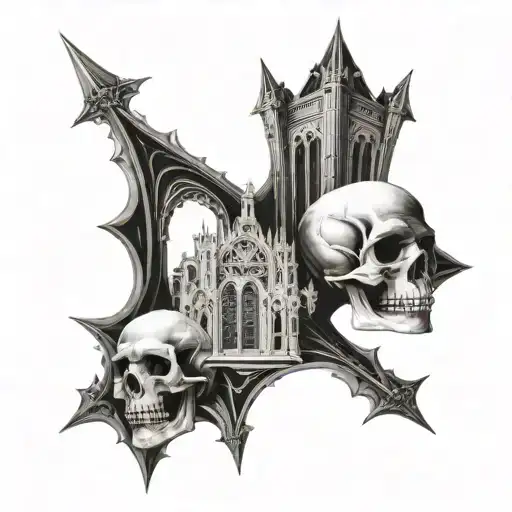Gothic cathedral with a skull motif intertwined in the architecture tattoo design idea