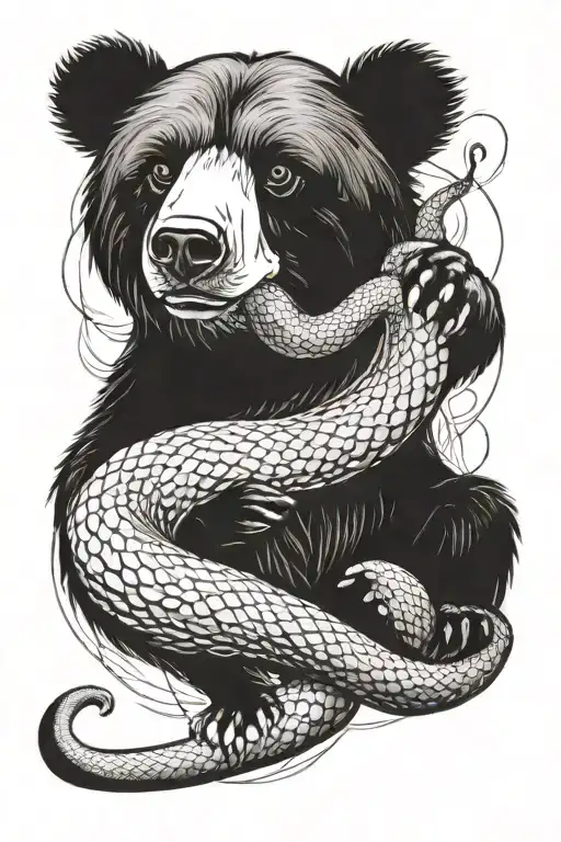 Sketch for a tattoo on the calf: In the center stands a bear cub on its hind legs, protected by a snake, coiled around the person's leg tattoo design idea