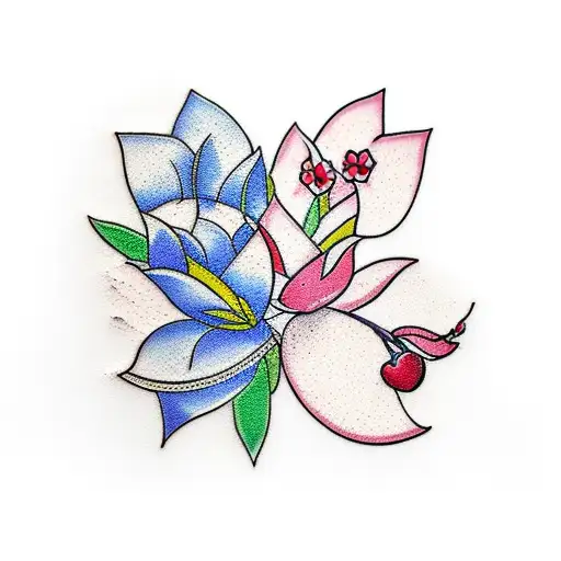 cherry blossoms wrap around a heart and lotus and a bird tattoo design idea