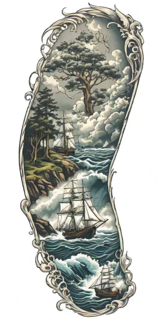 Sea with ship sailing through stormy seas, faides over to forest with fox portrait  tattoo design idea